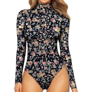 image:imageMANGOPOP Womens Mock Turtle Neck Long Sleeve Tops Bodysuit Jumpsuit04 Long Sleeve Flowers