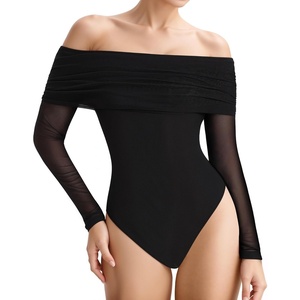 image:imageMANGOPOP Womens Off The Shoulder Long Sleeve Bodysuit Sexy Sheer Mesh Top Double Lined Body Suits Fall Outfit 202501 Black