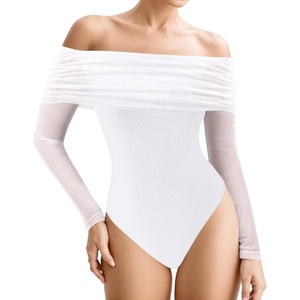 image:imageMANGOPOP Womens Off The Shoulder Long Sleeve Bodysuit Sexy Sheer Mesh Top Double Lined Body Suits Fall Outfit 202501 White