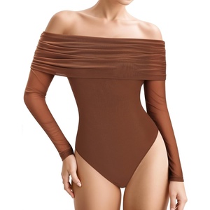 image:imageMANGOPOP Womens Off The Shoulder Long Sleeve Bodysuit Sexy Sheer Mesh Top Double Lined Body Suits Fall Outfit 2025Deep Coffee