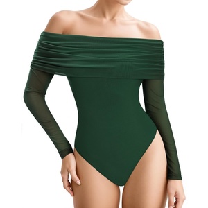 image:imageMANGOPOP Womens Off The Shoulder Long Sleeve Bodysuit Sexy Sheer Mesh Top Double Lined Body Suits Fall Outfit 2025Deep Green