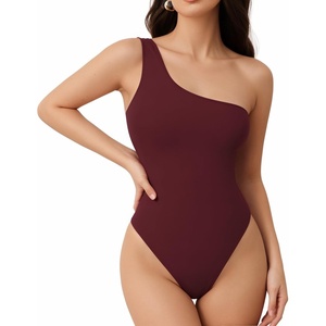 image:imageMANGOPOP Womens One Shoulder Tank Top Bodysuit Sexy Sleeveless Long Sleeve Backless Body Suits Off Shoulder Going Out TopsC3one Shoulder Burgundy