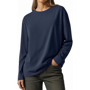 image:imageMANGOPOP Womens Oversized T Shirts Short Sleeve Crewneck Loose Fit Tops Summer Basic Gym Workout ClothesLong Sleeve Navy Blue