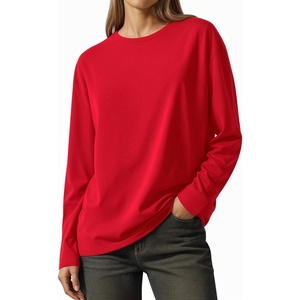 image:imageMANGOPOP Womens Oversized T Shirts Short Sleeve Crewneck Loose Fit Tops Summer Basic Gym Workout ClothesLong Sleeve Red