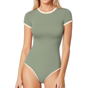 image:imageMANGOPOP Womens Round Neck Short Sleeve Bodysuit T Shirts Basic Body Suit TopsBsage Green
