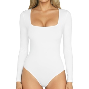 image:imageMANGOPOP Womens Square Neck Short Sleeve Long Sleeve Bodysuit Sexy Body Suits Shirt Slim Fitted Tops02 White Long Sleeve