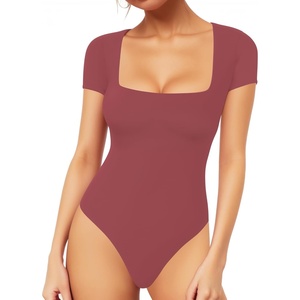 image:imageMANGOPOP Womens Square Neck Short Sleeve Long Sleeve Bodysuit Sexy Body Suits Shirt Slim Fitted Tops04 Marsala Short Sleeve