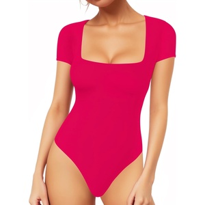 image:imageMANGOPOP Womens Square Neck Short Sleeve Long Sleeve Bodysuit Sexy Body Suits Shirt Slim Fitted Tops04 Rose Pink Short Sleeve