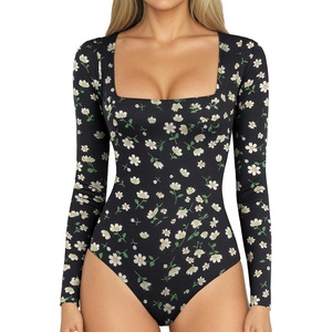 image:imageMANGOPOP Womens Square Neck Short Sleeve Long Sleeve Bodysuit Sexy Body Suits Shirt Slim Fitted Tops05 Little Daisy Long Sleeve