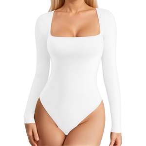 image:imageMANGOPOP Womens Square Neck Tank Top Bodysuit Sexy Double Lined Sleeveless Thong Body Suits Going Out Tops02 Long Sleeve White