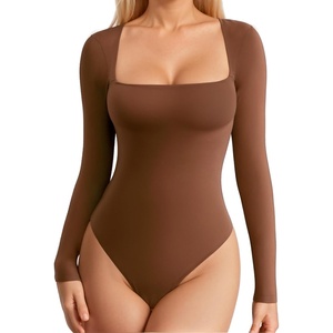 image:imageMANGOPOP Womens Square Neck Tank Top Bodysuit Sexy Double Lined Sleeveless Thong Body Suits Going Out TopsLong Sleeve Coffee