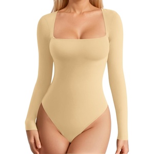 image:imageMANGOPOP Womens Square Neck Tank Top Bodysuit Sexy Double Lined Sleeveless Thong Body Suits Going Out TopsLong Sleeve Ochre