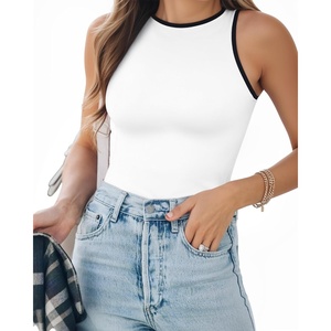 image:imageMANGOPOP Womens Tank Top Body Suits Sexy Crew Neck Racerback Halter Ribbed Sleeveless Long Sleeve Bodysuit Going Out Tops03sleeveless Contrast White