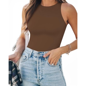 image:imageMANGOPOP Womens Tank Top Body Suits Sexy Crew Neck Racerback Halter Ribbed Sleeveless Long Sleeve Bodysuit Going Out Tops05sleeveless Coffeetttt