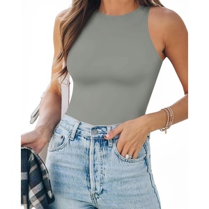 image:imageMANGOPOP Womens Tank Top Body Suits Sexy Crew Neck Racerback Halter Ribbed Sleeveless Long Sleeve Bodysuit Going Out Tops05sleeveless Elephant Grey