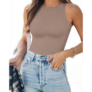 image:imageMANGOPOP Womens Tank Top Body Suits Sexy Crew Neck Racerback Halter Ribbed Sleeveless Long Sleeve Bodysuit Going Out Tops05sleeveless Light Coffee