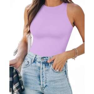 image:imageMANGOPOP Womens Tank Top Body Suits Sexy Crew Neck Racerback Halter Ribbed Sleeveless Long Sleeve Bodysuit Going Out Tops05sleeveless Light Violet
