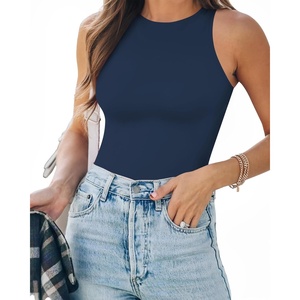 image:imageMANGOPOP Womens Tank Top Body Suits Sexy Crew Neck Racerback Halter Ribbed Sleeveless Long Sleeve Bodysuit Going Out Tops05sleeveless Navy Blue
