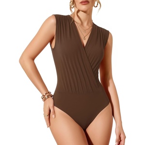 image:imageMANGOPOP Womens Wrap V Neck Ruched Sleeveless Thong Bodysuit Double Lined Fitted Tank Body Suit Top 2026Coffee