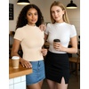 image:imageMANGOPOP Womens Mock Turtle Neck Slim Fit 34 Sleeve TShirt38 Short Sleeve Beige