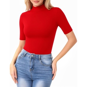 image:imageMANGOPOP Womens Mock Turtle Neck Slim Fit 34 Sleeve TShirt22 Red
