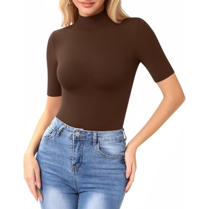 image:imageMANGOPOP Womens Mock Turtle Neck Slim Fit 34 Sleeve TShirt24 Coffee