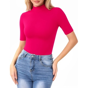 image:imageMANGOPOP Womens Mock Turtle Neck Slim Fit 34 Sleeve TShirt28 Hot Pink
