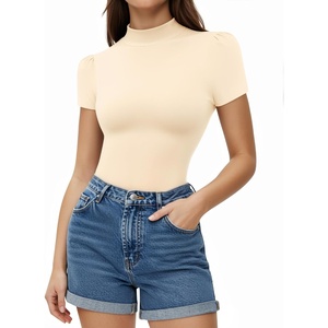 image:imageMANGOPOP Womens Mock Turtle Neck Slim Fit 34 Sleeve TShirt38 Short Sleeve Beige