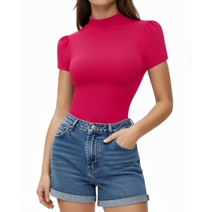 image:imageMANGOPOP Womens Mock Turtle Neck Slim Fit 34 Sleeve TShirt39 Short Sleeve Rose Pink