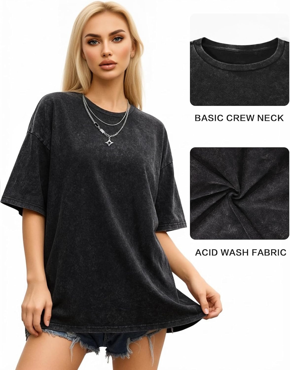 image:imageMANGOPOP Oversized Vintage Short Sleeve Shirts for Women Acid Wash Crew Neck Y2k Grunge Casual Summer Baggy Tees TopsBlack