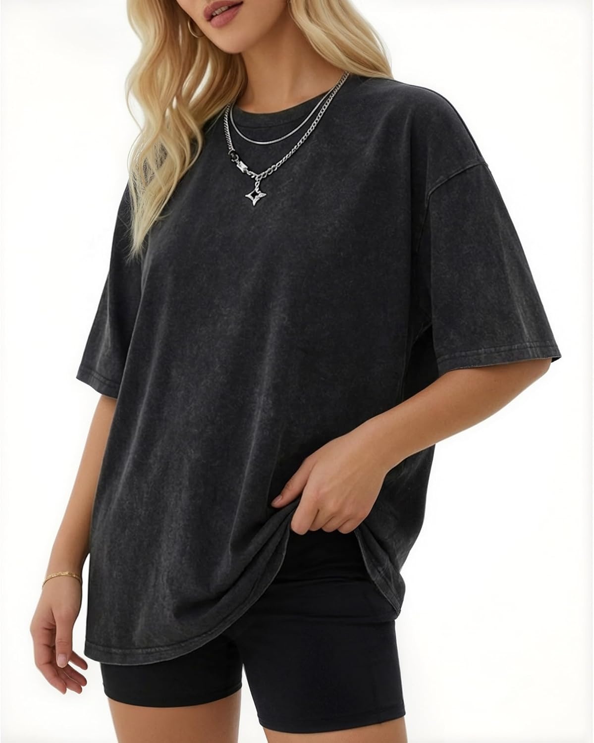 image:imageMANGOPOP Oversized Vintage Short Sleeve Shirts for Women Acid Wash Crew Neck Y2k Grunge Casual Summer Baggy Tees TopsBlack