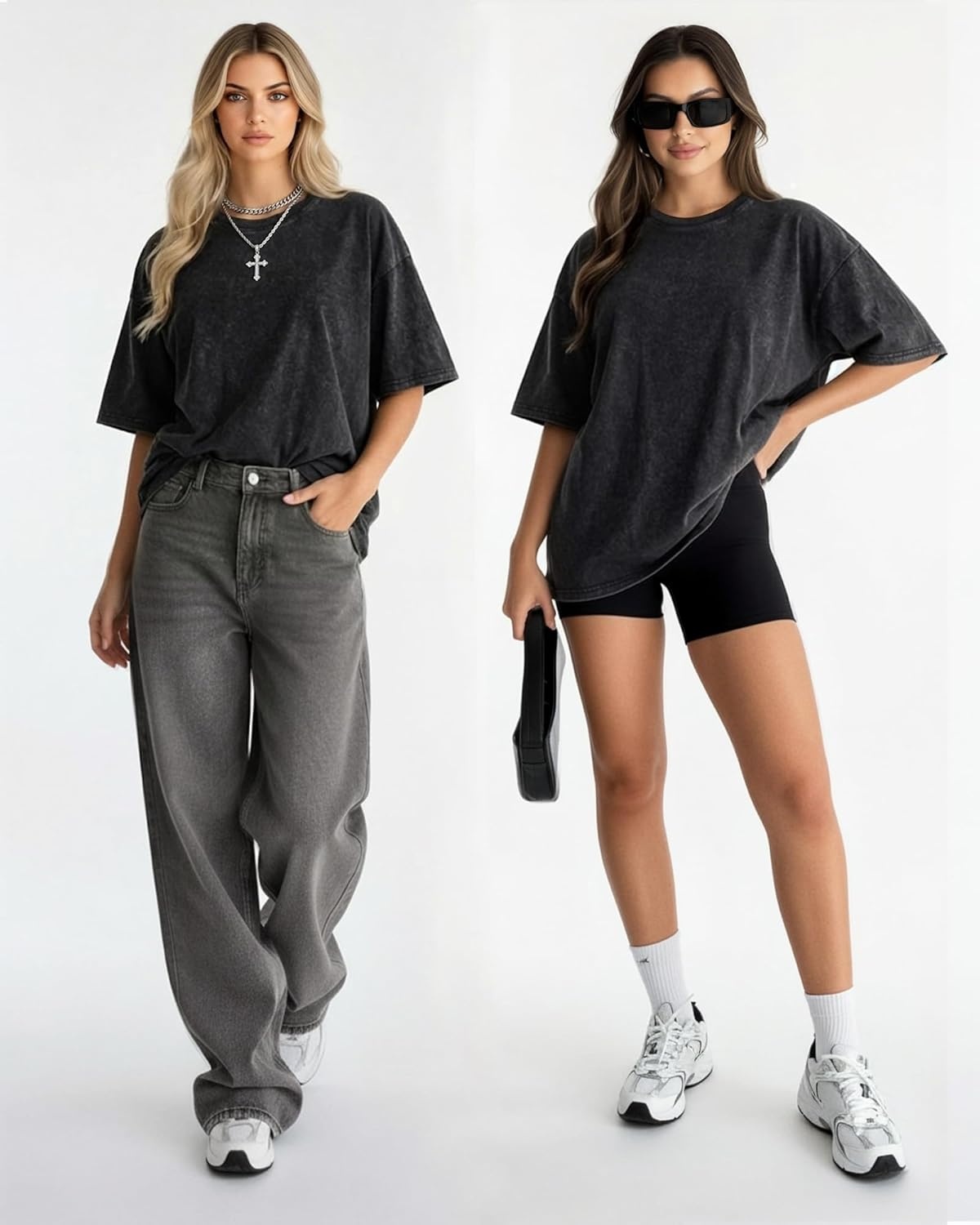 image:imageMANGOPOP Oversized Vintage Short Sleeve Shirts for Women Acid Wash Crew Neck Y2k Grunge Casual Summer Baggy Tees TopsBlack