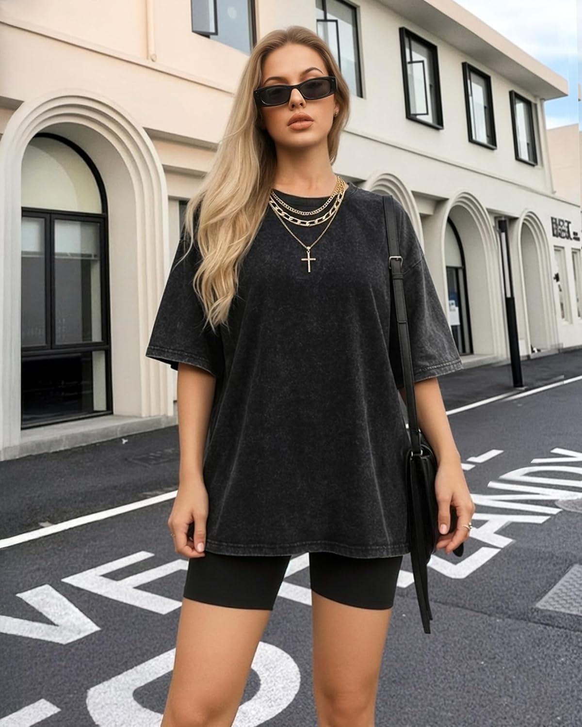 image:imageMANGOPOP Oversized Vintage Short Sleeve Shirts for Women Acid Wash Crew Neck Y2k Grunge Casual Summer Baggy Tees TopsBlack