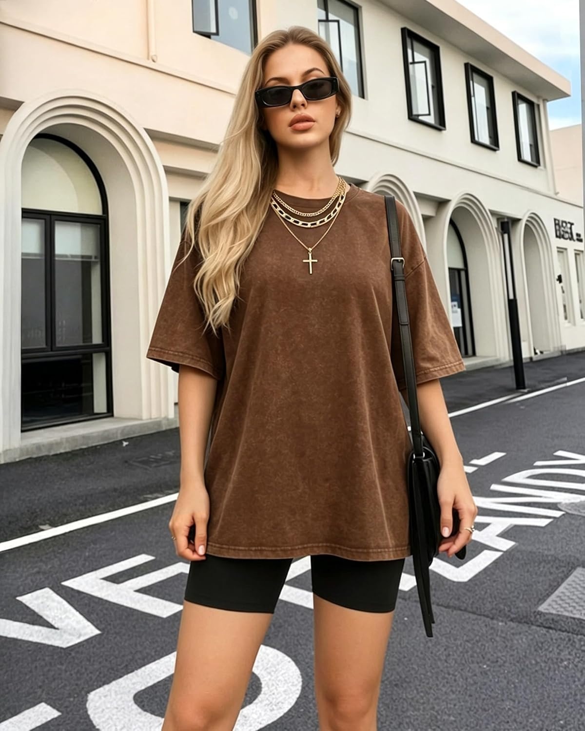 image:imageMANGOPOP Oversized Vintage Short Sleeve Shirts for Women Acid Wash Crew Neck Y2k Grunge Casual Summer Baggy Tees TopsCoffee