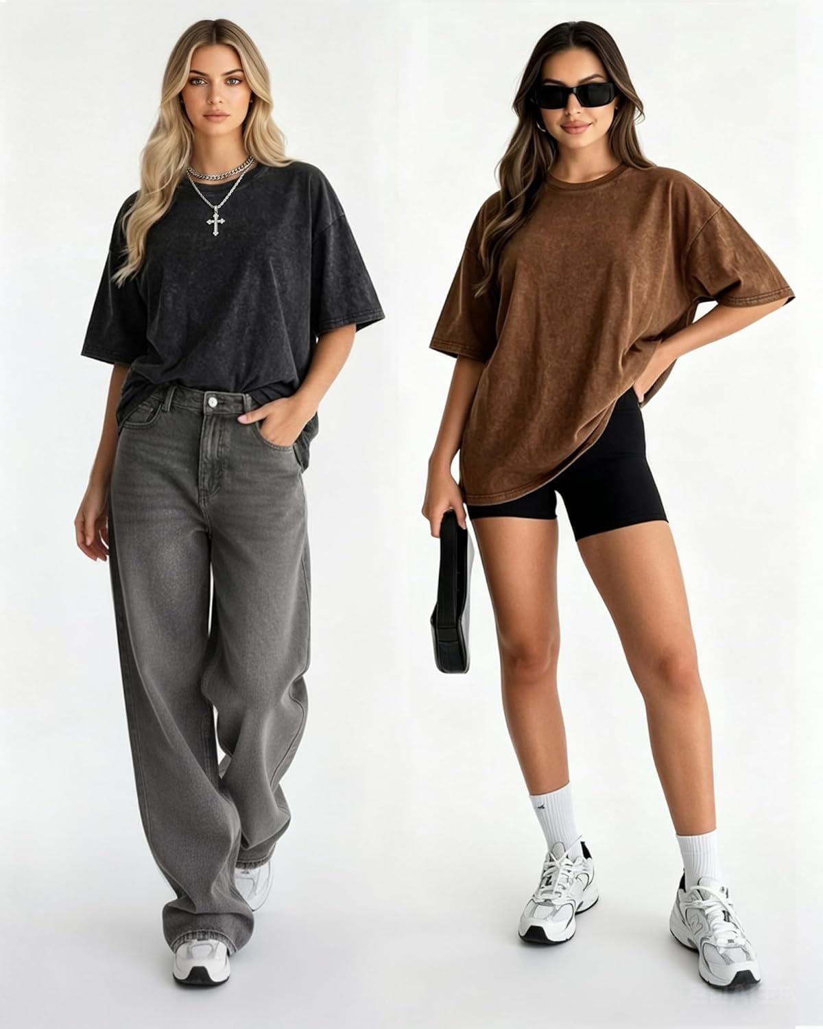 image:imageMANGOPOP Oversized Vintage Short Sleeve Shirts for Women Acid Wash Crew Neck Y2k Grunge Casual Summer Baggy Tees TopsCoffee