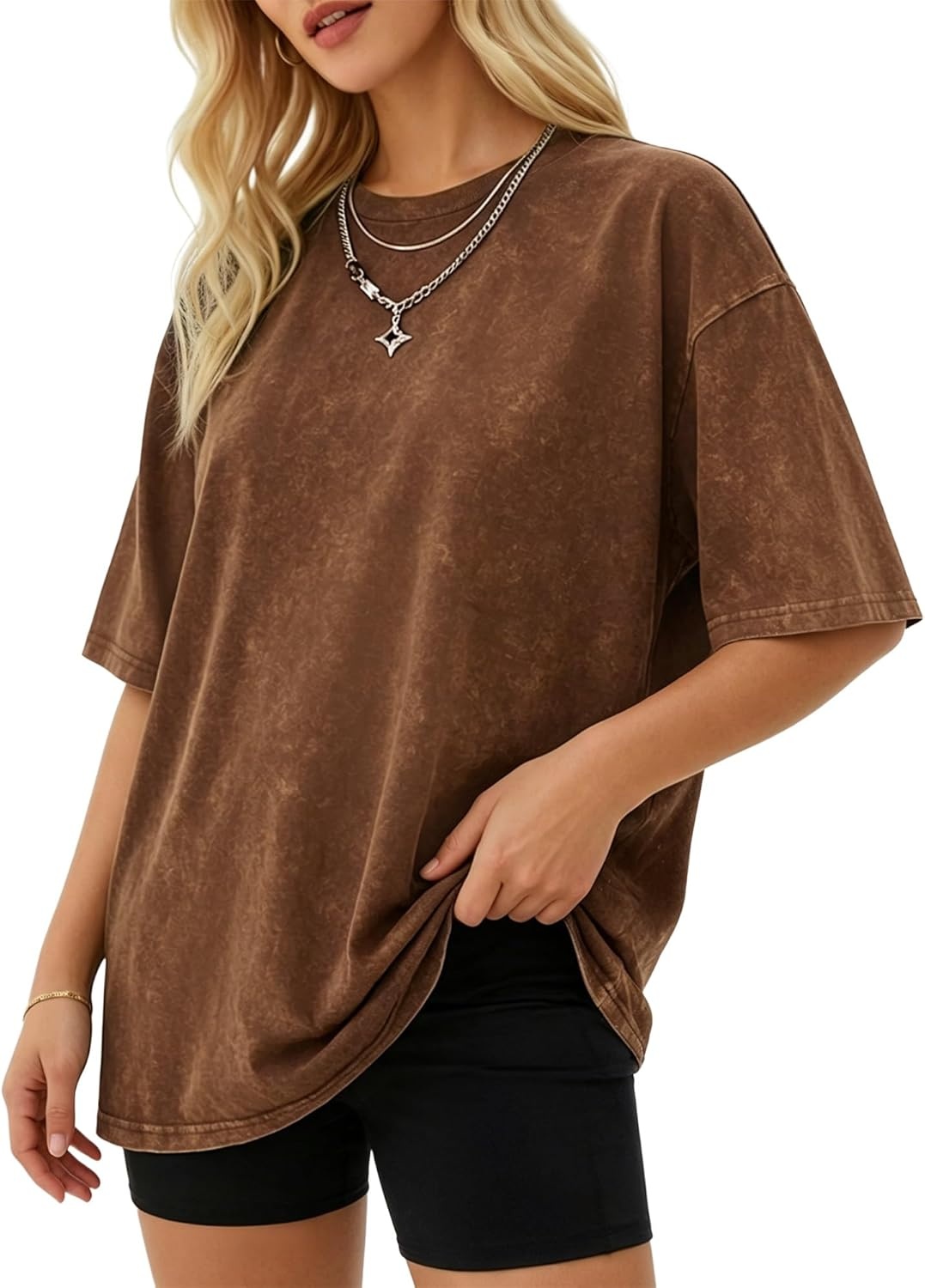 image:imageMANGOPOP Oversized Vintage Short Sleeve Shirts for Women Acid Wash Crew Neck Y2k Grunge Casual Summer Baggy Tees TopsCoffee