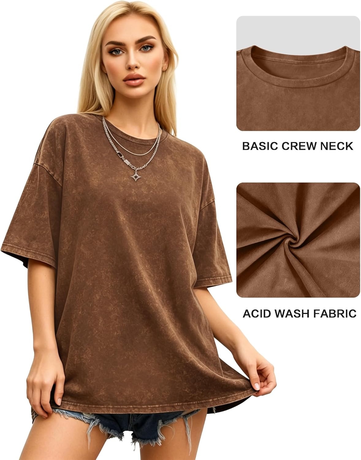 image:imageMANGOPOP Oversized Vintage Short Sleeve Shirts for Women Acid Wash Crew Neck Y2k Grunge Casual Summer Baggy Tees TopsCoffee
