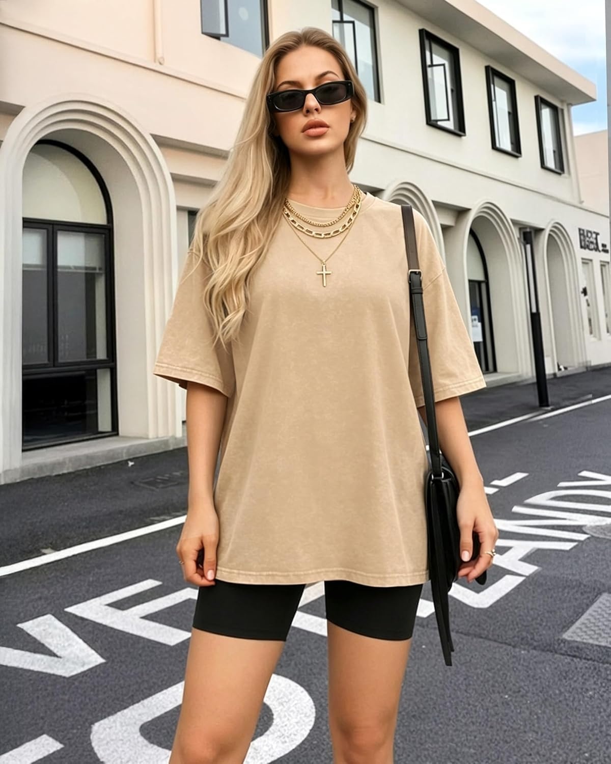 image:imageMANGOPOP Oversized Vintage Short Sleeve Shirts for Women Acid Wash Crew Neck Y2k Grunge Casual Summer Baggy Tees TopsKhaki