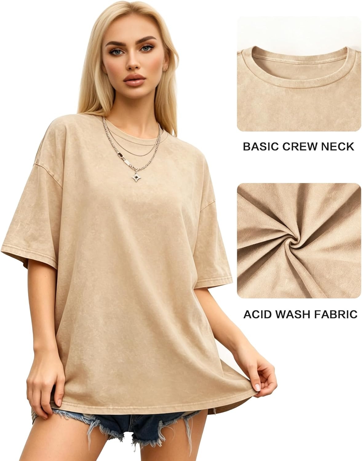 image:imageMANGOPOP Oversized Vintage Short Sleeve Shirts for Women Acid Wash Crew Neck Y2k Grunge Casual Summer Baggy Tees TopsKhaki