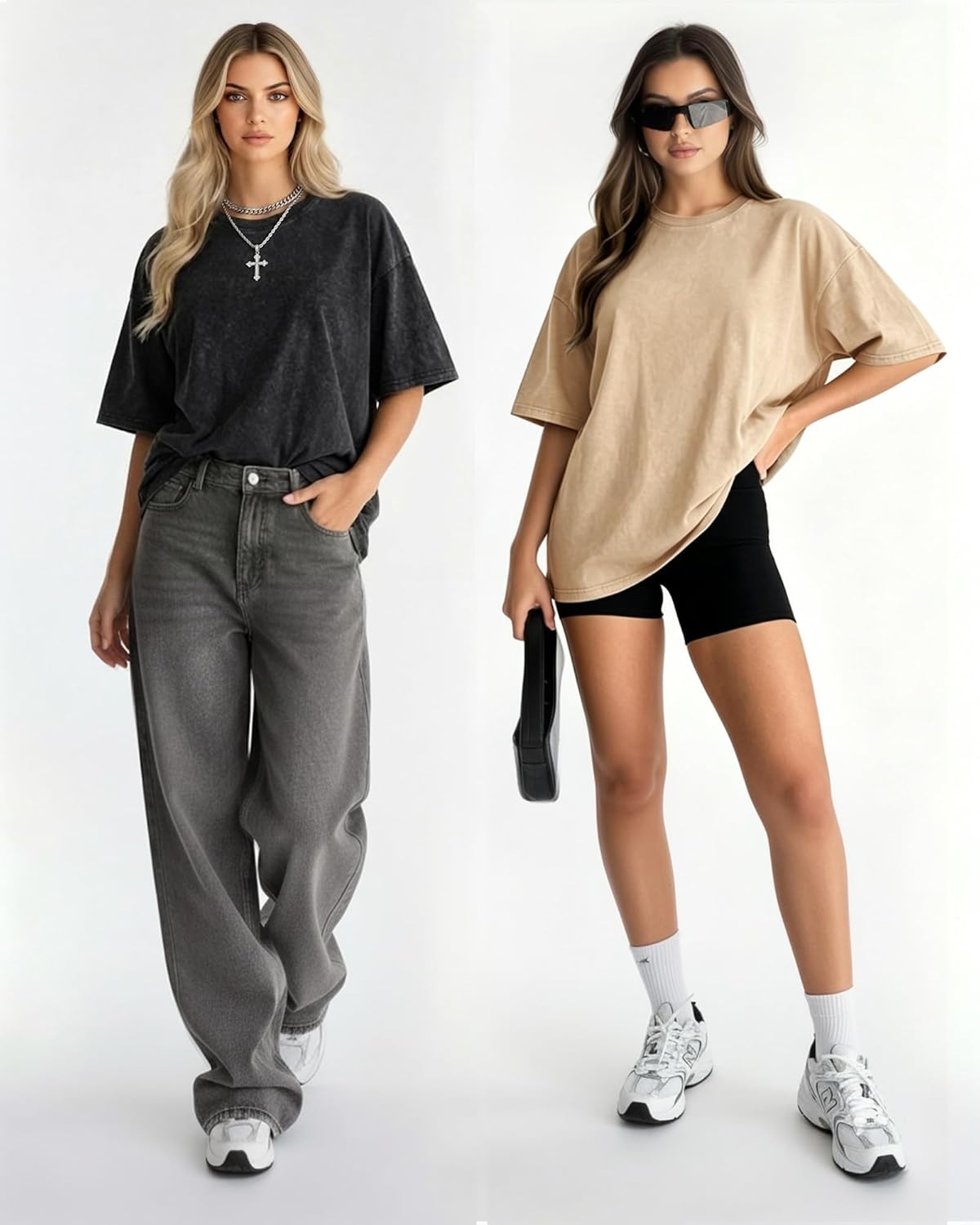 image:imageMANGOPOP Oversized Vintage Short Sleeve Shirts for Women Acid Wash Crew Neck Y2k Grunge Casual Summer Baggy Tees TopsKhaki