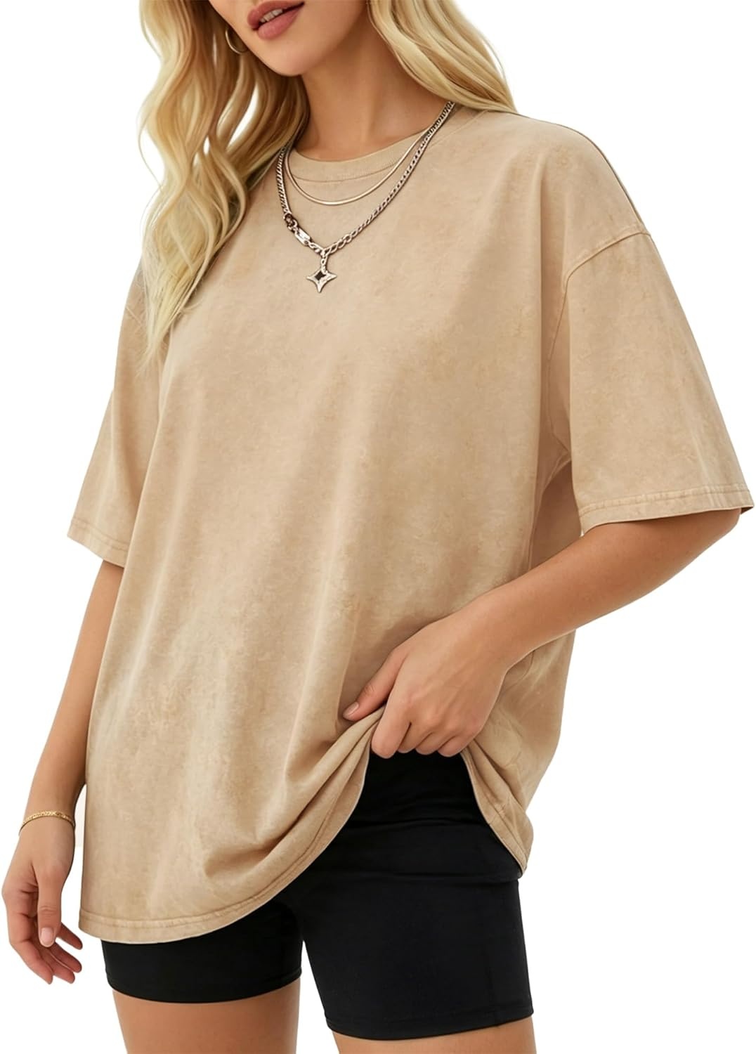 image:imageMANGOPOP Oversized Vintage Short Sleeve Shirts for Women Acid Wash Crew Neck Y2k Grunge Casual Summer Baggy Tees TopsKhaki
