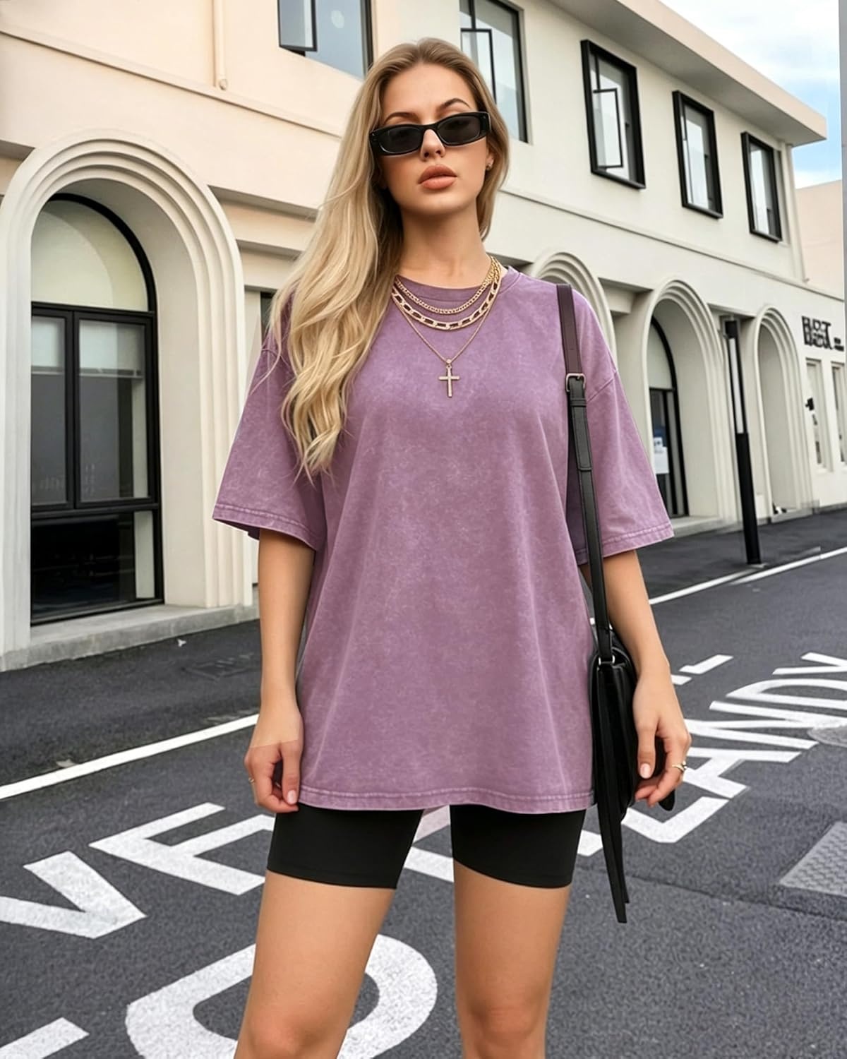 image:imageMANGOPOP Oversized Vintage Short Sleeve Shirts for Women Acid Wash Crew Neck Y2k Grunge Casual Summer Baggy Tees TopsLight Purple