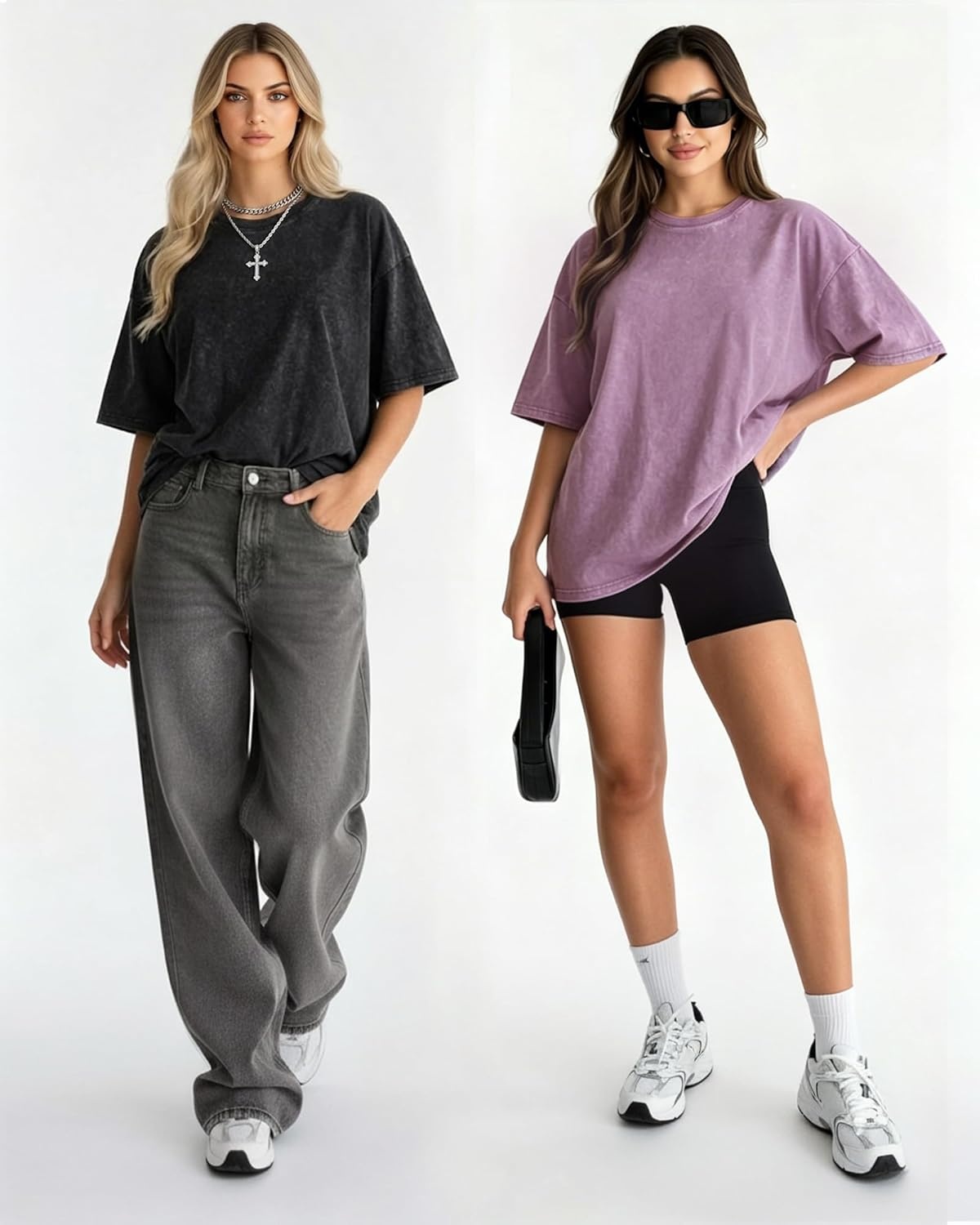 image:imageMANGOPOP Oversized Vintage Short Sleeve Shirts for Women Acid Wash Crew Neck Y2k Grunge Casual Summer Baggy Tees TopsLight Purple