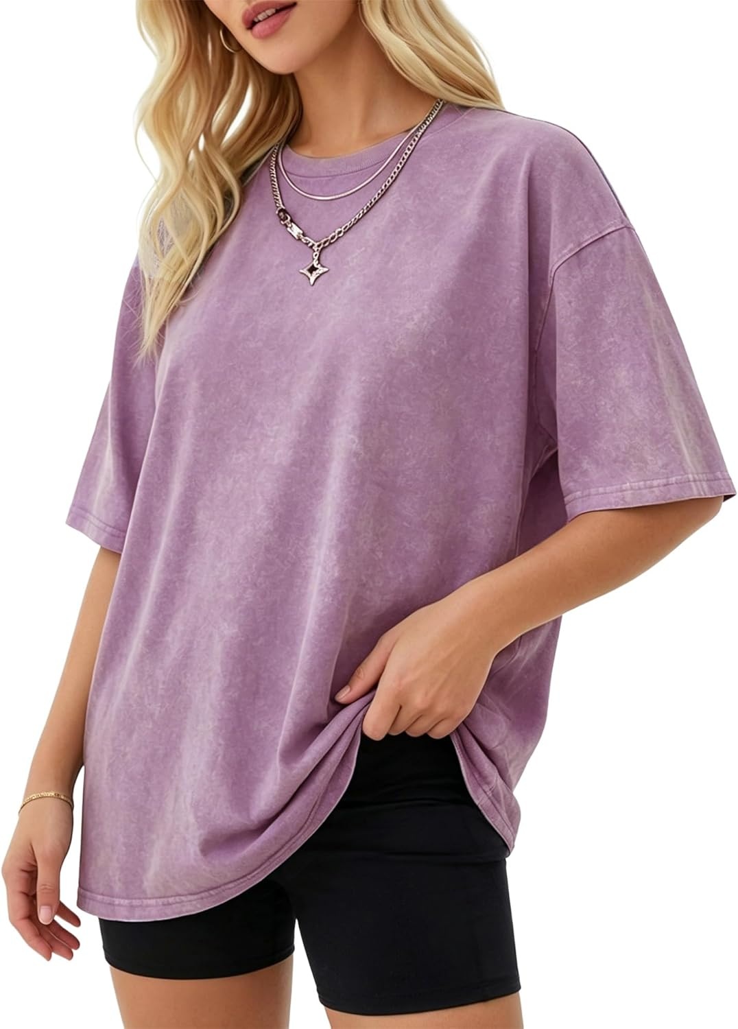 image:imageMANGOPOP Oversized Vintage Short Sleeve Shirts for Women Acid Wash Crew Neck Y2k Grunge Casual Summer Baggy Tees TopsLight Purple