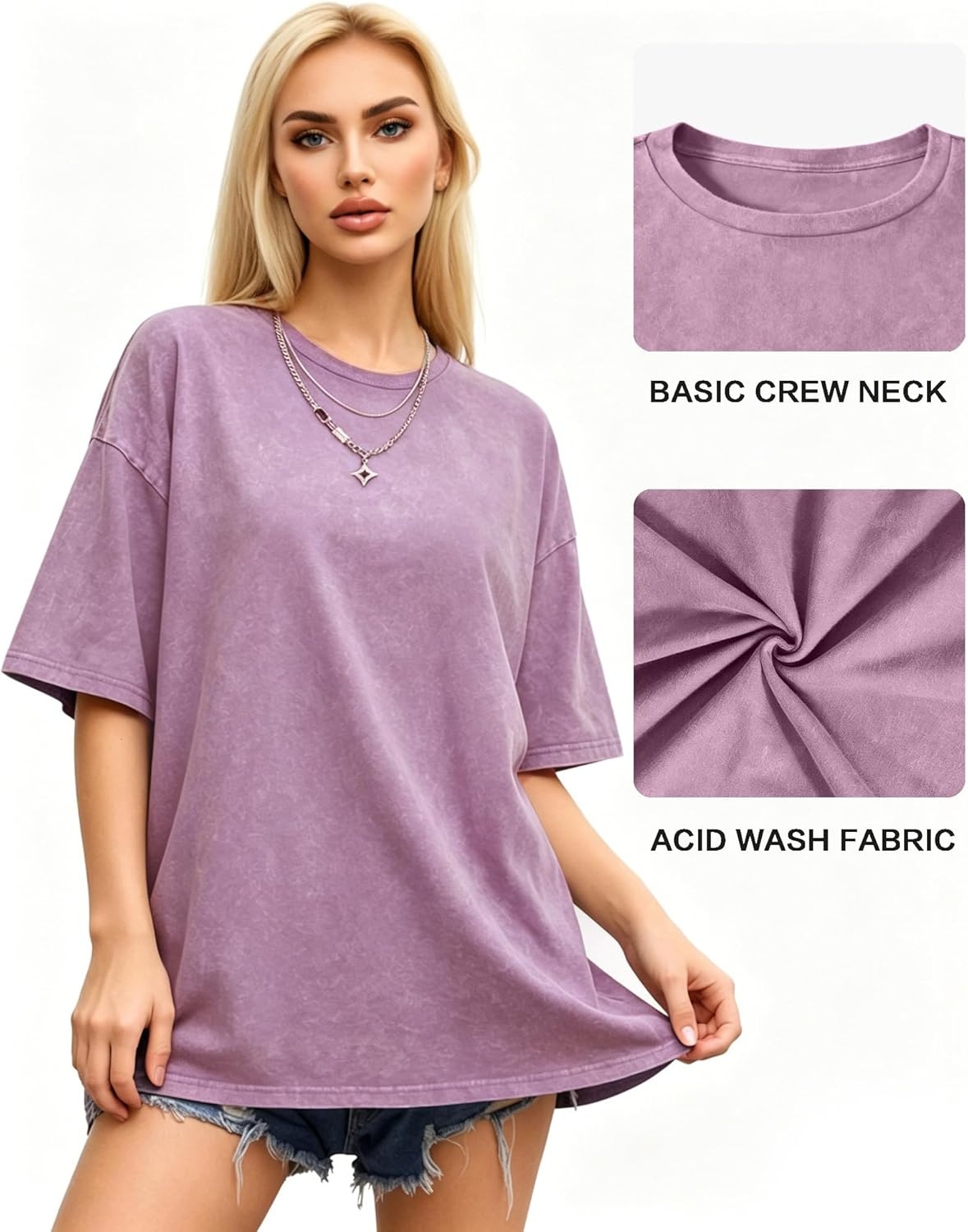 image:imageMANGOPOP Oversized Vintage Short Sleeve Shirts for Women Acid Wash Crew Neck Y2k Grunge Casual Summer Baggy Tees TopsLight Purple