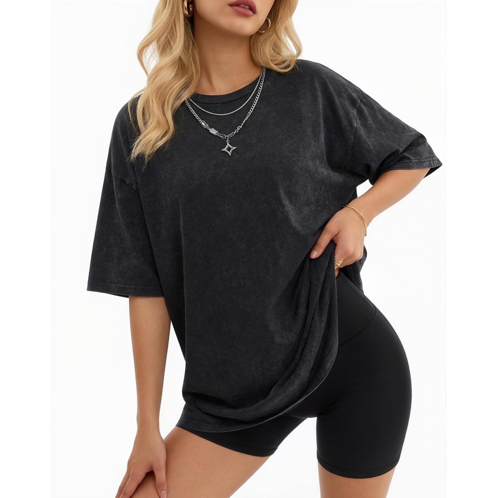 image:imageMANGOPOP Oversized Vintage Short Sleeve Shirts for Women Acid Wash Crew Neck Y2k Grunge Casual Summer Baggy Tees TopsBlack