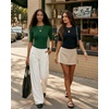 image:imageMANGOPOP Half Sleeve Tops for Women Crew Neck Slim Fitted Casual Going Out T Shirt Tops 2026 TrendyDeep Green