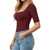 image:imageMANGOPOP WomenS Half Sleeve Bodysuit Square Neck 34 Sleeve Body Suits Dressy Fitted Going Out TopsBurgundy