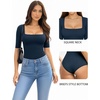 image:imageMANGOPOP WomenS Half Sleeve Bodysuit Square Neck 34 Sleeve Body Suits Dressy Fitted Going Out TopsDeep Blue