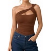 image:imageMANGOPOP Womens Asymmetrical One Shoulder Thong Bodysuits Mesh Ruched Backless Body Suit Sexy Going Out TopsBrown